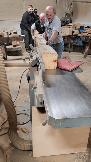 1.7K views · 43 reactions | Just having a little fun in the shop! We ran this 17 foot 8x8 beam through the jointer and surfaced one face of it so it would sit nice and flat on the wall. This hand hewn beam is going to be a looooong mantel. You can tell by all the smiles they were having fun.  Just another day in the shop. No two days the same! #smallshop #shoplife #woodworking #barnwood #reclaimedwood #reclaimed #rustic #mantel #farmhouse #reclaimedmichigan | Reclaimed Michigan | Facebook