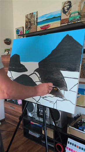 Work in progress, rocks and sea landscape painted on canvas, size 80 x 60 cm, #painting #tutorial