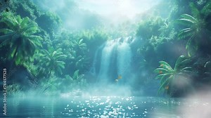 amazon rainforest misty waterfalls and river landscape at vibrant sunlight, video HD