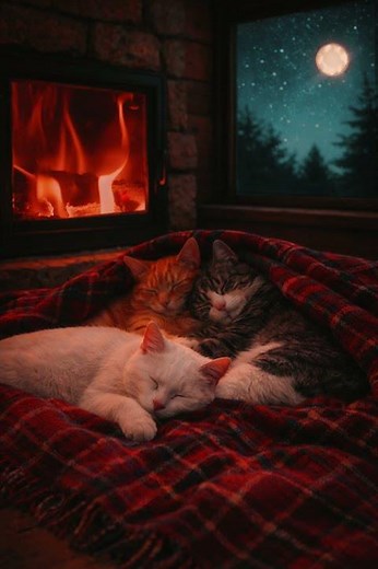 Cozy Cats Sleeping by the Fireplace 🔥 Moonlit Night Ambience