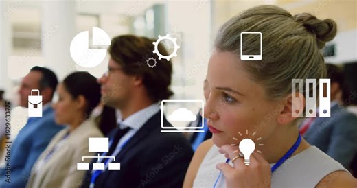 Woman attendee typing on laptop while camera pulling back, tech icons overlaying during note taking