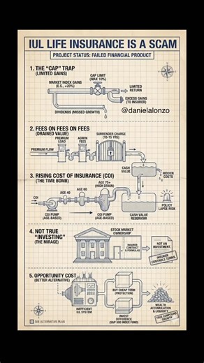 Daniel Alonzo on Instagram: "Indexed Universal Life (IUL) insurance is one of the most aggressively marketed—and misunderstood—products in finance today. Agents pitch it as a "Super Roth" or a way to get stock market gains with zero risk. But when you look at the actual mechanics (swipe through the blueprint above 👆), the math doesn't add up for the buyer—only for the seller. Here is the breakdown of why these policies often fail to deliver: 1️⃣ The "Cap" Trap & Missed Dividends: They pr