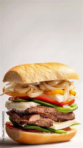 Delicious Exploded Cheesesteak Sandwich with Fresh Ingredients in Floating Composition