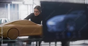 Automotive Designer Working on a Desktop Computer with 3D Customization Software for a Prototype Car Design. Digital Artist Applying Different Settings to a Concept Vehicle in a Manufacturing Studio