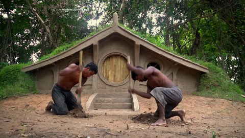 Building a Fish Pond in Front of Our Grass-Roof Hobbit House
