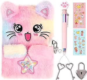 Cat Diary for Girls with Lock and Keys,Tie-Dye Fuzzy Journal for Kids,Hardcover Fluffy Locking Notebook for Writing and Drawing,4-12 Year Old Girl Birthday (A Star-Cat)