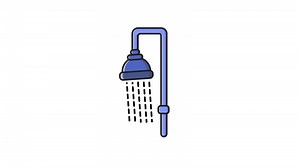 Animated Blue shower head with water flowing down.