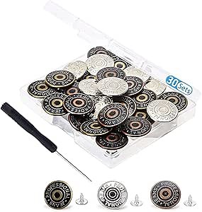 30 Sets Jeans Replacement Buttons 17mm Jean Buttons Replacement Kit with Rivets and Metal Base in Storage Box (Bronze,Silver,Copper)
