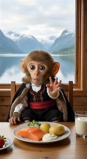 A Norwegian Monkey Enjoys Salmon Breakfast by the Fjords! 🐒🇳🇴