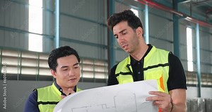 Hispanic latin factory engineer man holding blueprint paper plan of factory warehouse talking with Asian colleague working at factory warehouse