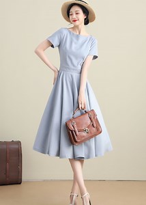 Light Blue Swing Dress, 1950s Retro Midi Dress Women, Fit and Flare Dress, Boat Neck Cotton Linen Dress, Xiaolizi, Mod Clothing 3273 - Etsy