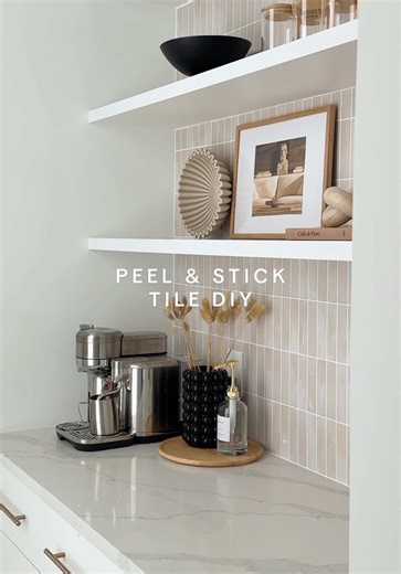 I think this elevated my coffee bar so much!!! I didn’t know how easy peel and stick tiles were… I think I have to do this in more areas of our house because they look so much like real tile and it’s such a quick DIY!!! #peelandsticktile #kitchendiy #coffeebar #homediy #homeproject