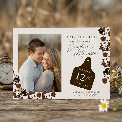Cow Print Tag the Date Template | Western Save the Date Canva Template | Editable Ranch Wedding Save the Date | Cowgirl Wedding Photo Card - Etsy