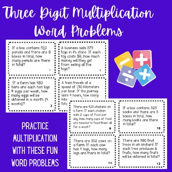 Multiplication Three-Digit Word Problems Task Cards | Multiplication for Centers
