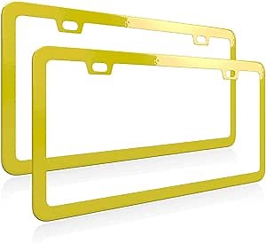 Yellow License Plate Frame, Metal Thin Stainless Steel with 2 Holes Screw Cap, 2 Pack (Yellow)
