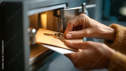 Close up of hands locking a small safe that contains a paper envelope and a security key privacy as routine no readable text home safe account recovery two factor