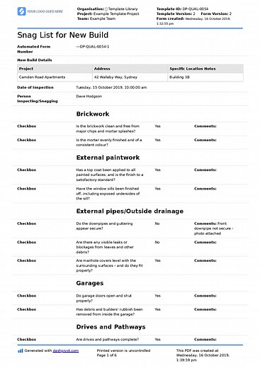 New Build Snag List: Customisable framework for any new build