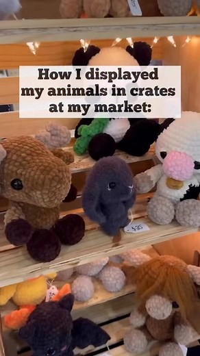 41K views · 2K reactions | For an easy setup for my market last fall, I used these 18” wooden crates that I have for my yarn storage. I made super simple shelves out of scrap wood, so I could display 6+ animals per crate!  I bought a 12-pack of these crates from @michaelsstores. Such easy setup and tear down!  | Theresa's Crochet Shop | Facebook