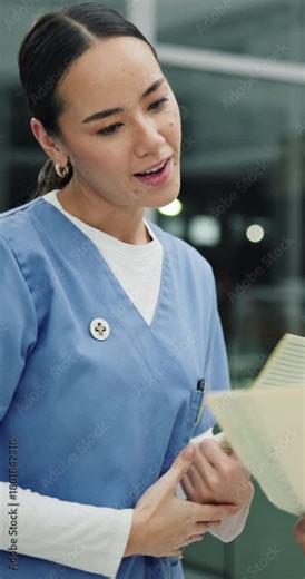 Emergency, documents with handshake and woman in hospital for healthcare, ambulance bay and night. Overtime team, trauma center and ems director with doctors shaking hands for accident report and icu
