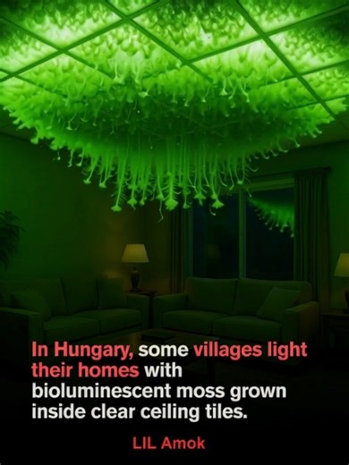 3.5K views · 17 reactions | In some villages in Hungary, homes are lit by bioluminescent moss embedded in transparent ceiling tiles. The moss, cultivated to glow like fireflies, creates a soft green light without electricity, wires, or bulbs. Sealed in self-sustaining micro-ecosystems, it requires little maintenance and offers a natural, eco-friendly lighting solution. | LIL AMOK | Facebook