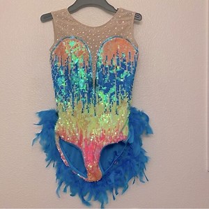 Glamour solo rainbow colorful feather sassy rhinestone Dance sequin leotard SA