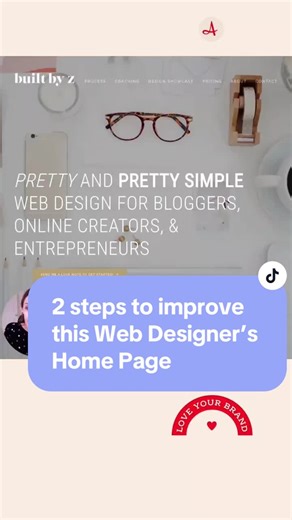 2 things this web designer can do to improve her website home page: 1️⃣ Double check that all colors are easily legible on top of their backgrounds, including button hovers. Consider visitors with poor eyesight. 2️⃣ Consider showcasing some of your work on the home page, perhaps as a grid of client website mockups. Give visitors a sense of your design style and other work you’ve done so they can feel confident hiring you for their website. WINS: 👍 Excellent key message at the top of the home pa