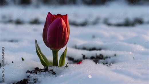 Time-lapse of a frozen red tulip bud thawing and blooming in the snow. Flower opening as winter turns to spring. Resilience of nature concept