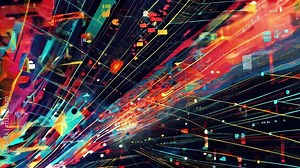 Abstract animation showcases rapid data movement through a complex network, featuring vibrant colors and dynamic lines that illustrate the flow of information in a digital landscape