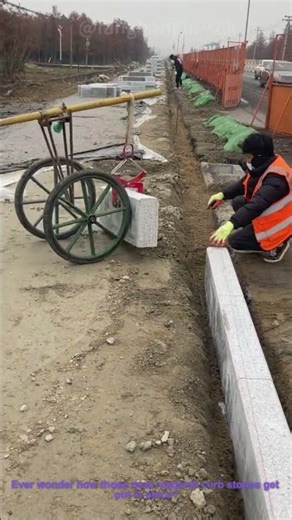 Curb Stone Installation: Workers Use Simple Tools to Set Roadside Blocks