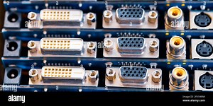 Close-up blurry metal sockets on a computer video board Stock Photo - Alamy