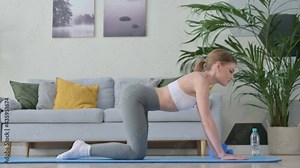 Tired Young Woman Unable to do Pushups on Yoga Mat at Home