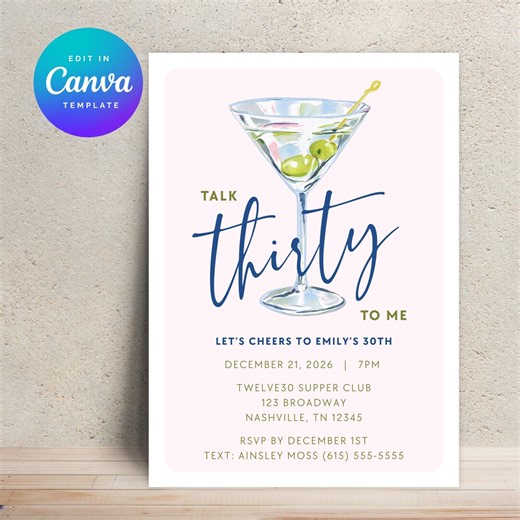 Dirty Martini Thirty 30th Birthday Party Invitation Template Editable Canva Cocktail Theme Modern Girls Night Celebration