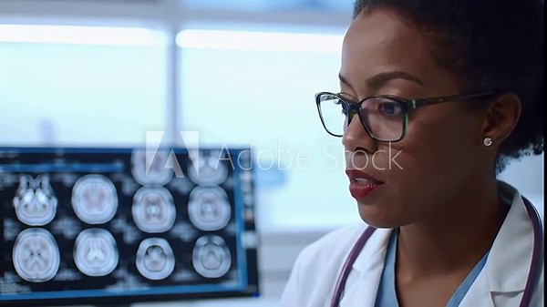 Focused Medical Professional Analyzing Brain MRI Scans on a Digital Display in a Healthcare Environment
