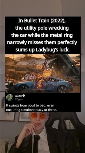 In Bullet Train (2022), the utility pole wrecking the car while the metal ring narrowly misses them