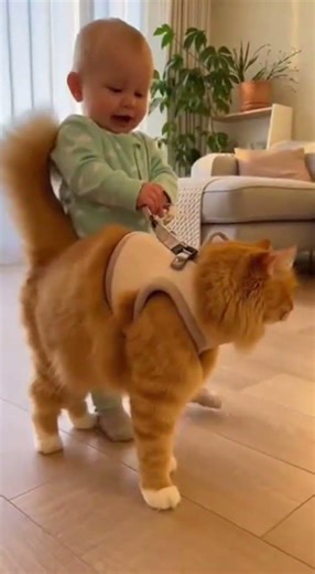 baby getting help taking its first steps by cat