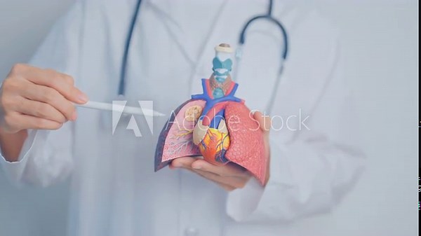Doctor with Respiratory system anatomy for Diseases. Lung Cancer, Asthma, Chronic Obstructive Pulmonary or COPD, Bronchitis, Emphysema, Cystic Fibrosis, Bronchiectasis, Pneumonia and Pleural Effusion
