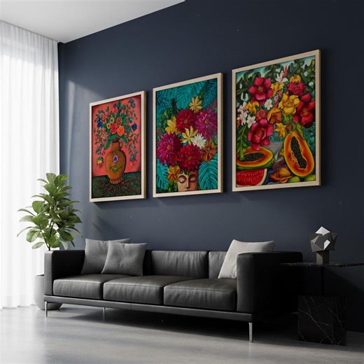 Set of 3 Frida Kahlo Style Art Prints | Eclectic Mexican Folk Art Poster Bundle | Tropical Fruit Floral Gallery Wall for Boho Kitchen Decor - Etsy