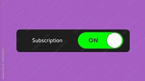 Animated switch turning a subscription on and off. On off switch slider animation on purple background.