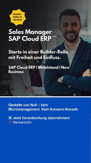 Du willst den ersten SAP Cloud ERP Deal in deiner Karriere machen? Bei XEPTUM baust du als Sales Manager den Public Cloud ERP-Vertrieb im Mittelstand auf. Das Besondere: Du startest nicht allein. → Wöchentliche Sales-Syncs mit dem Vorstand → Presales-Team steht dir ab dem ersten Lead zur Seite → Jahrzehntelanges SAP-Wissen im Rücken Dein Spielfeld: Inhabergeführte Fertigungs- und Handelsunternehmen (50-400 User) in der Region Stuttgart-Heilbronn-Heidelberg. Dein Ziel: 2-3 Demos pro Woche. Dealsi