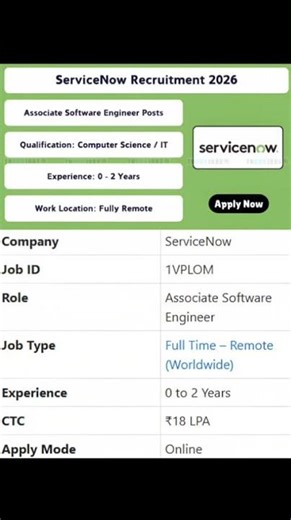 ServiceNow ASE Recruitment 2026 🔥 ₹18 LPA Remote Job | Freshers | #ServiceNowJobs #ITJobs