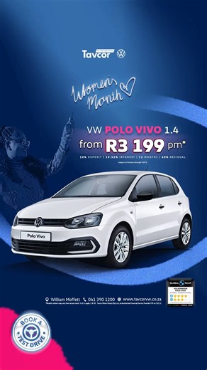 2.1K views | Resilient in every way, the Polo Vivo 1.4 55KW brings everyday reliability and timeless value.  From just R3’995 per month, it’s a smart choice built to go the distance, much like the women we’re proud to honour this month.  OR Upgrade to the Polo Vivo 63KW Life on us for free  041 390 1200  www.tavcorvw.co.za  Cnr of Mimosa Road and William Moffett, GQ. #TavcorVW #PoloVivo #MoveWithTavcor | Tavcor Volkswagen | Facebook