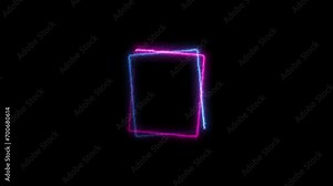 Abstract pink and royal blue neon light line in a square path rotation. Black background 4k video bright light neon square shape pink color animation