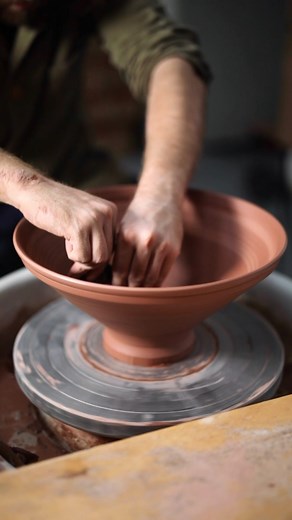 Here’s how I throw a wide bowl with an indented rim with a whole load of clay left in the base as to trim a tall foot-ring from, eventually. It’s irritating in a way as despite the size of the lump of clay, much of that ends up remaining in the bottom, usable, yet necessary. There is another option of course, and that’s to throw a more conventional bowl shape without so much in the base, yet in a way having all that extra clay there is what makes lifting off the wheel possible, otherwise they’d