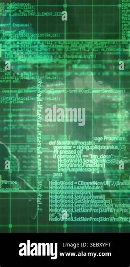 Vertical video: Green HUD grid scrolling, revealing surgical team leaning over center, operating. Collaboration, clinical, procedure, overhead, crosshair, programming, vertical video Stock Video Footage - Alamy