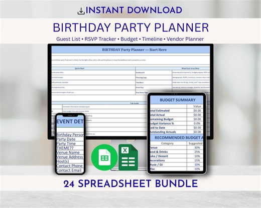 Birthday Party Planner Spreadsheet | Guest List, Budget, Timeline (digital Download) in Blue - Etsy