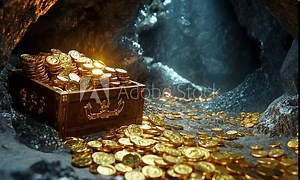 An open treasure chest overflowing with gold coins