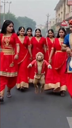 Red Lehenga Monkey Bride Dancing Ahead in Baraat – This Parade is Unstoppable! 🥵✨