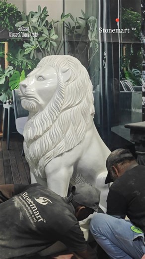 Big Size Stone Lion Sculpture with Intricate carving and detailing for your home or commercial establishment's entrance, resort, farmhouse, hotel and real estate society by Stonemart ™. Fully Handcarved using hammer and chisel out of single block of white marble stone, this majestic sculpture is sure to add vibes that are simply second to none. Order today from Stonemart ™. | Stonemart India
