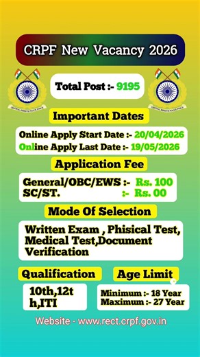 CRPF Recruitment 2026 New Vacancy | Apply Date | Age Limit | Salary | Full Info | #shorts
