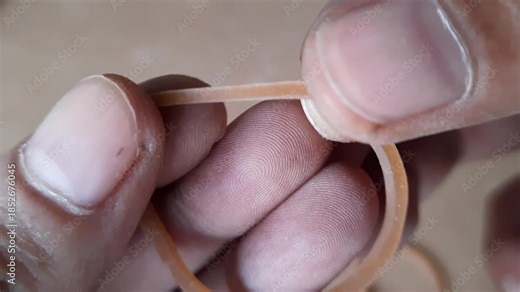 Two human hands pulling and stretching a single brown elastic rubber band shown in a detailed macro shot